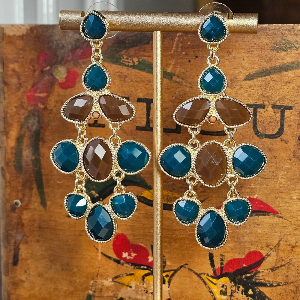 Blue Brown Gold Chandelier Drop Earrings Women OS Statement Faceted Resin Stone